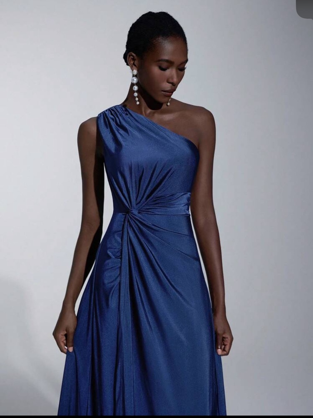 One-Shoulder Navy Evening Gown with Twist Waist